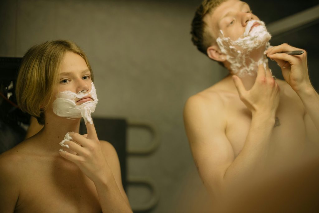 two boys shaving, light hair, shaving cream on face // Healthier Me Today 