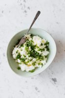 healthy bowl of food, topped with green pepper, white marble counter // Healthier Me Today