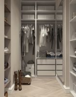 walk in closet, neatly organized closet, white drawers, white walls, boots and bin on the floor // Healthier Me Today