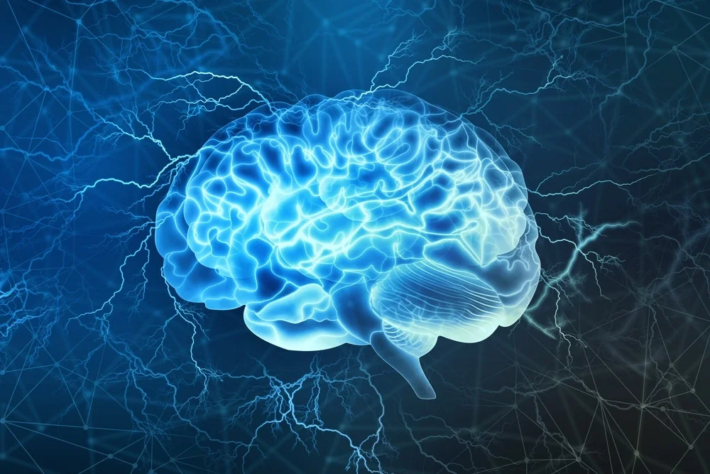 blue shining brain, blue lightning, blue background // Healthier Me Today